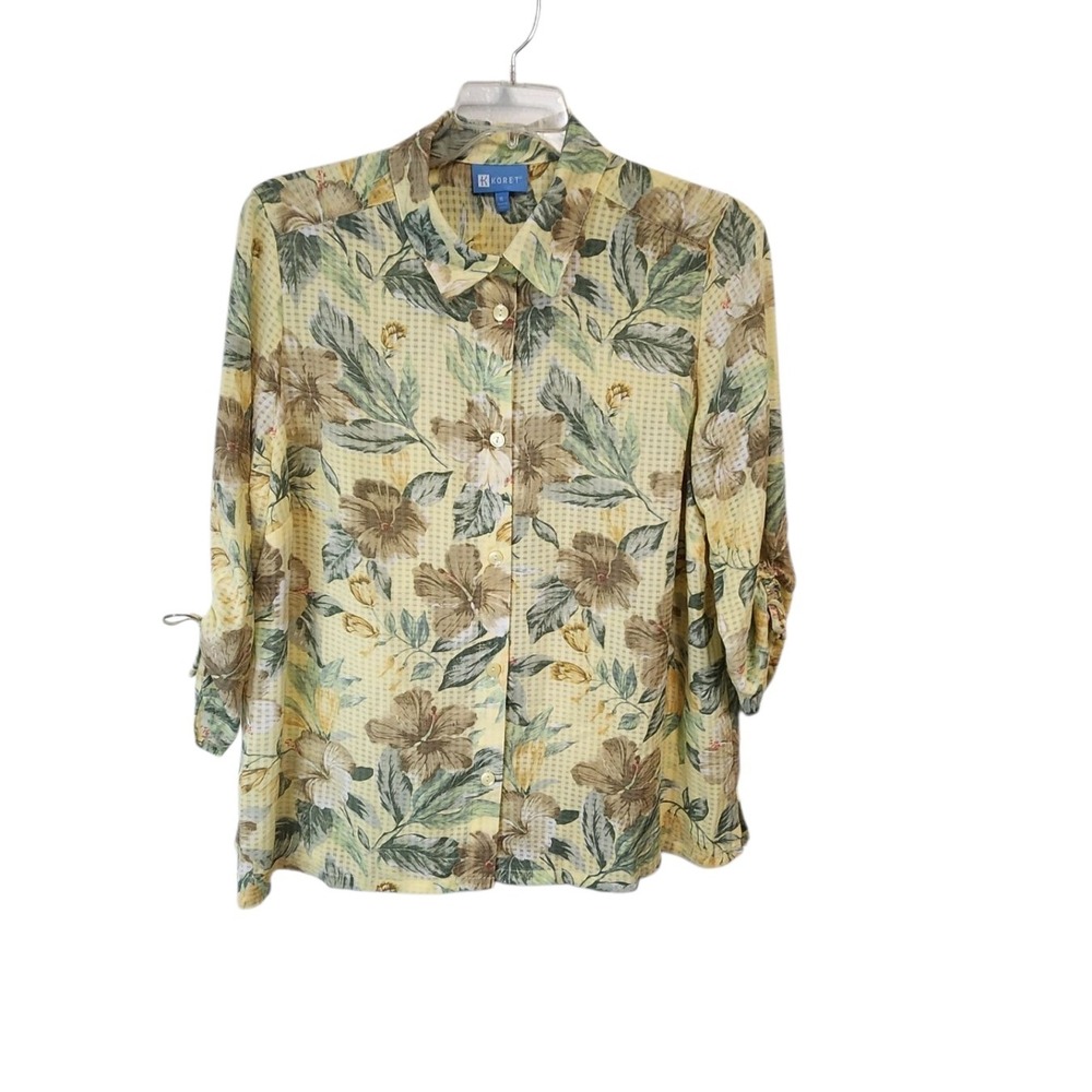 Vintage Koret XL Floral Button Down Blouse Roll Tab Sleeve Lightweight Top